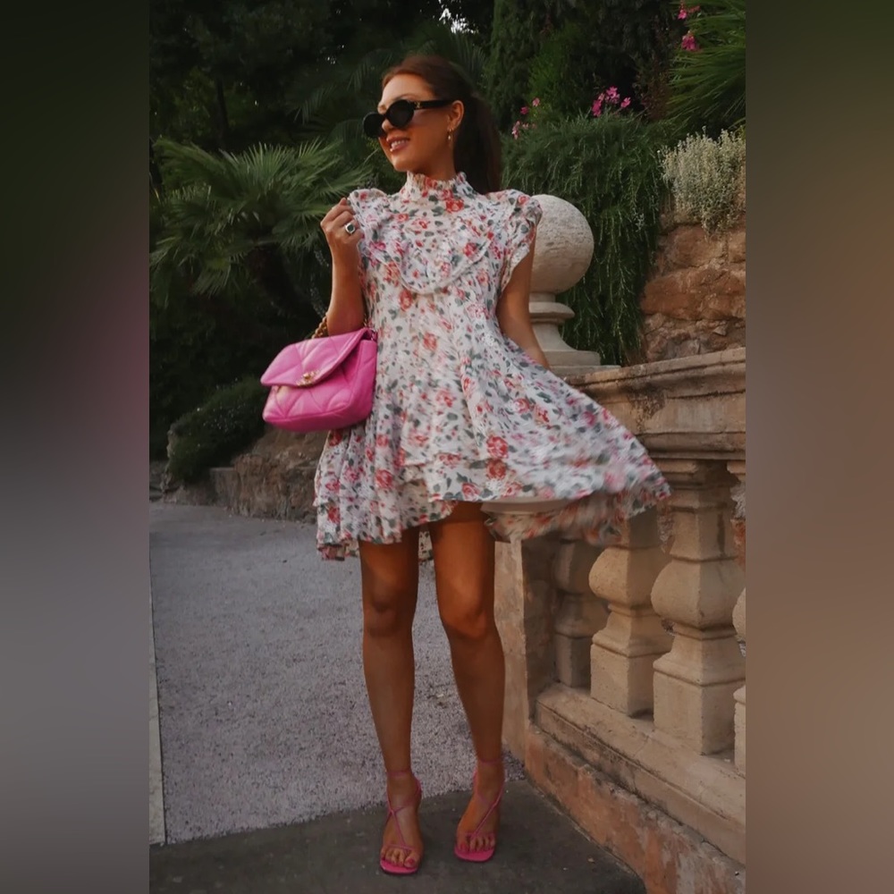LORNA LUXE 'LOVE NOTE' FLORAL HIGH NECK FRILL MINI SWING DRESS size 4 tall